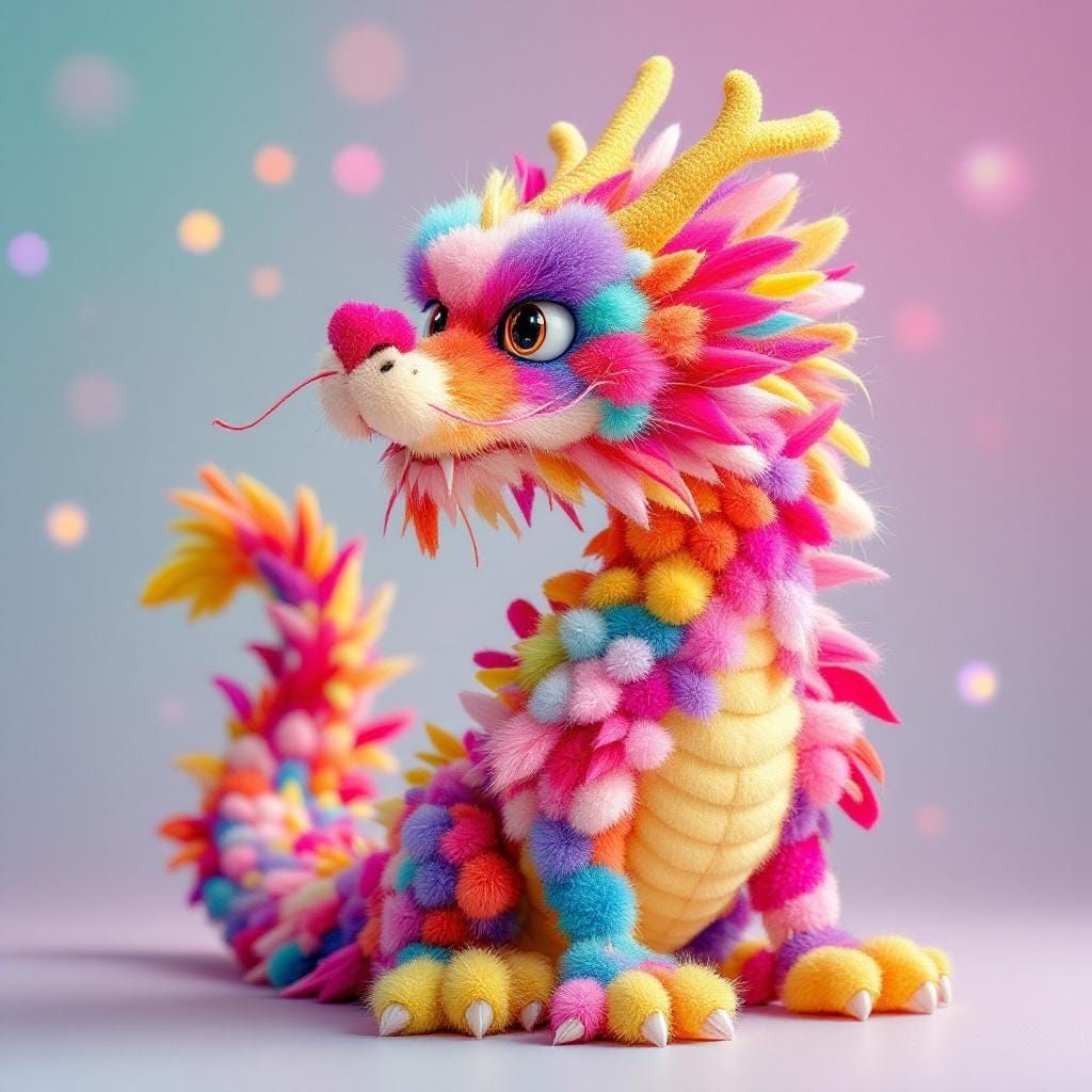 Playful Pompom Dragon Sculpture in Pastel Setting