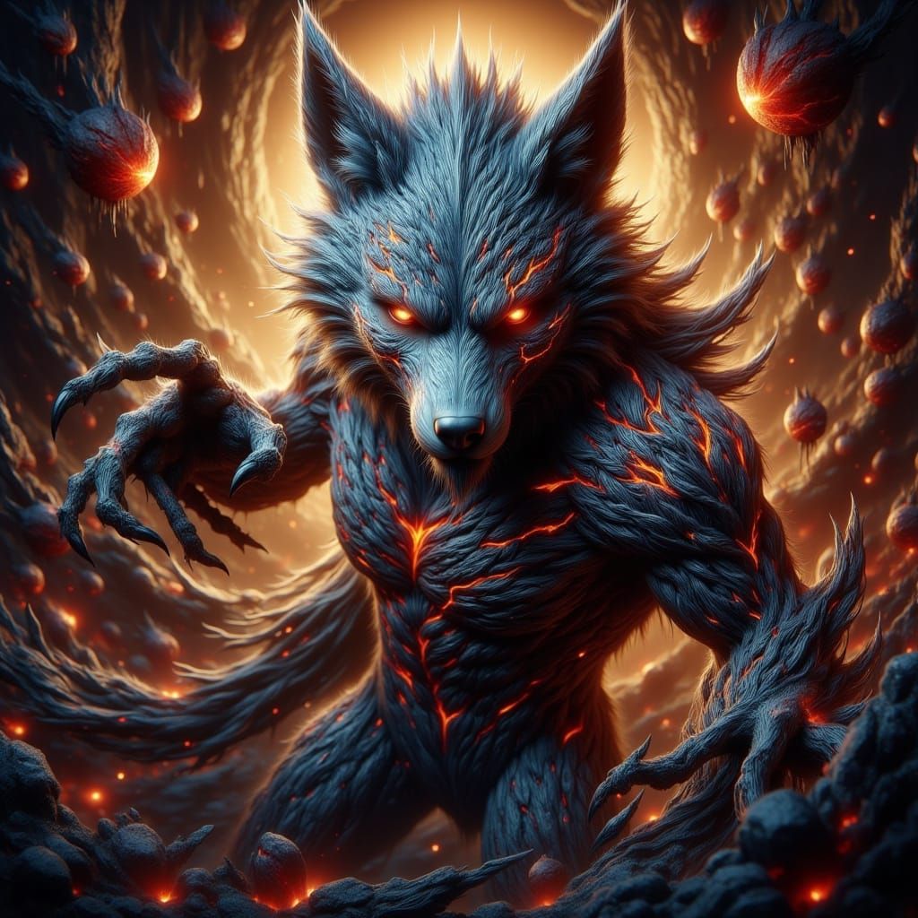 Quilled Werewolf Adorned with Golden Ornaments and Glowing O...