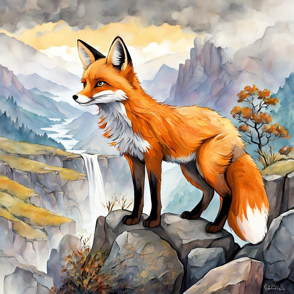 Whimsical Fox Amidst Serene Mountainscape
