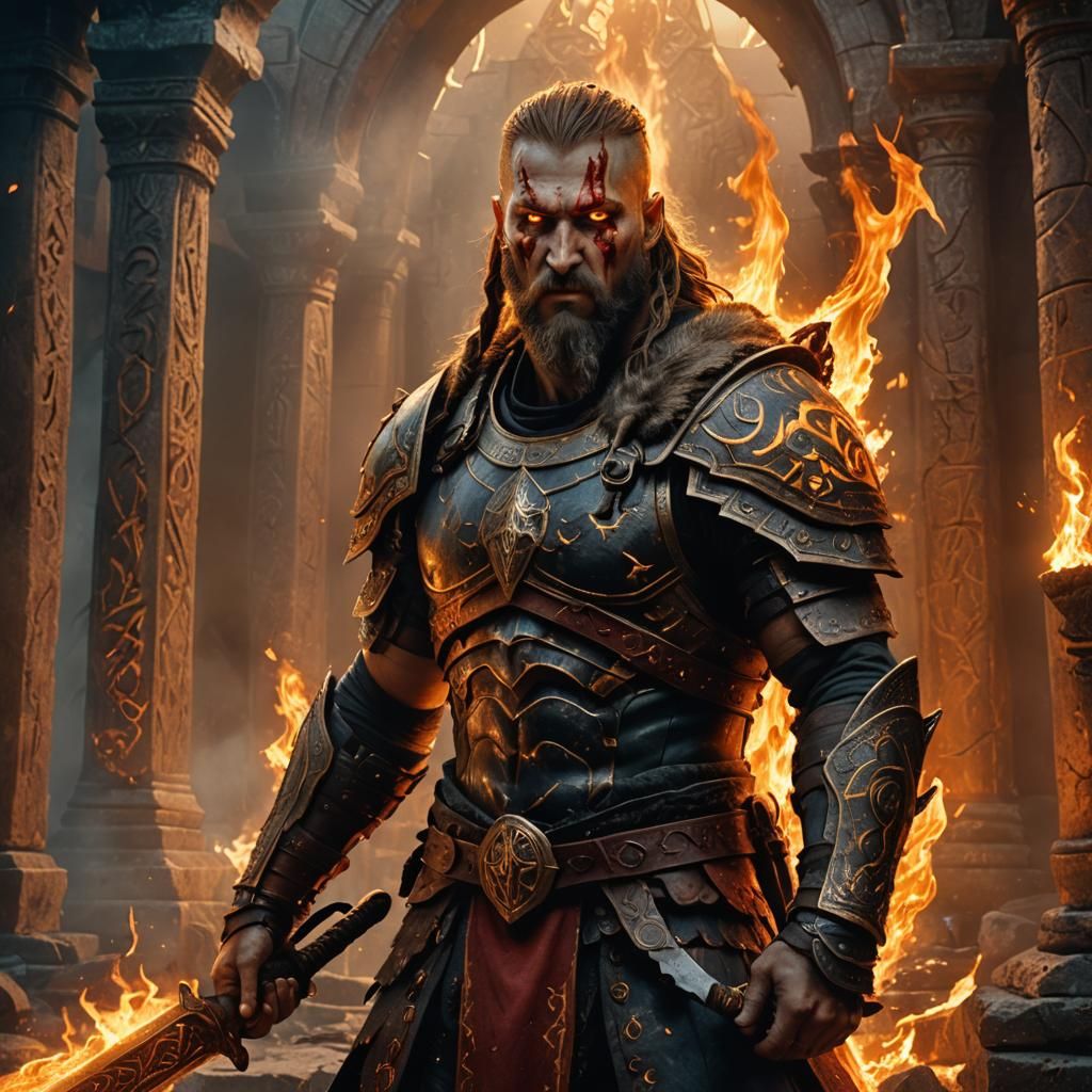 Tyr, Norse God of War, in Burning Temple