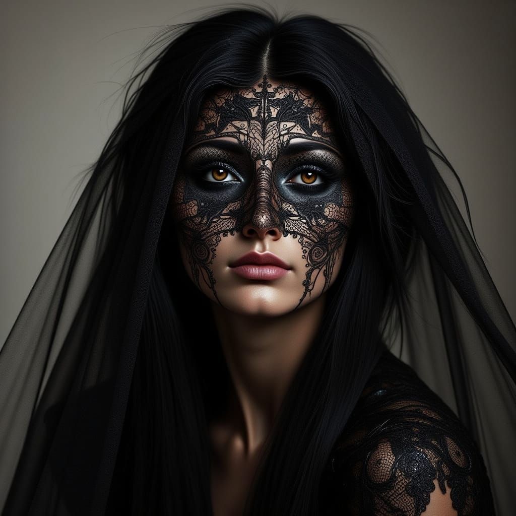 Mourning Latina with Black Lace Veil Portrait