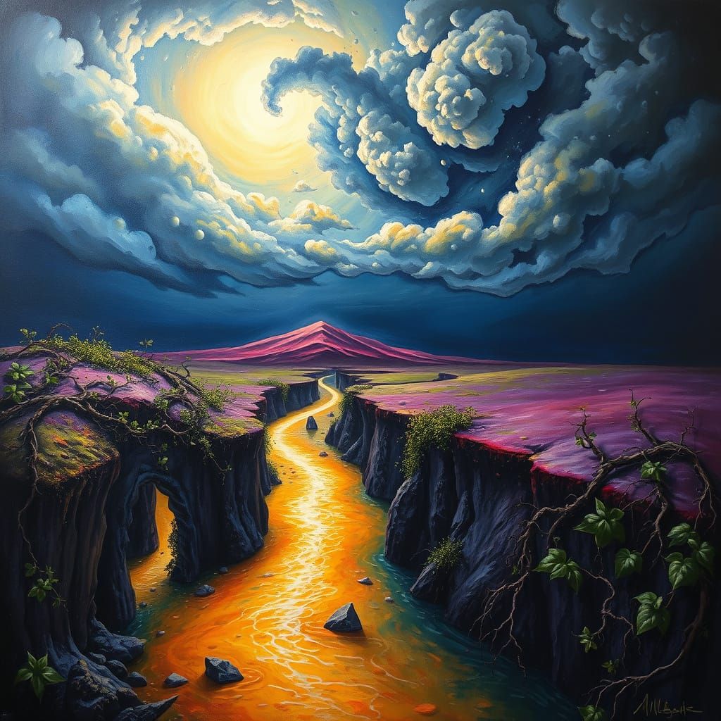 Surrealist Oil Painting of Holy Heaven and River