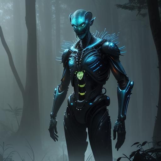 Insectoid Alien Hybrid in Misty Forest, Cinematic Still