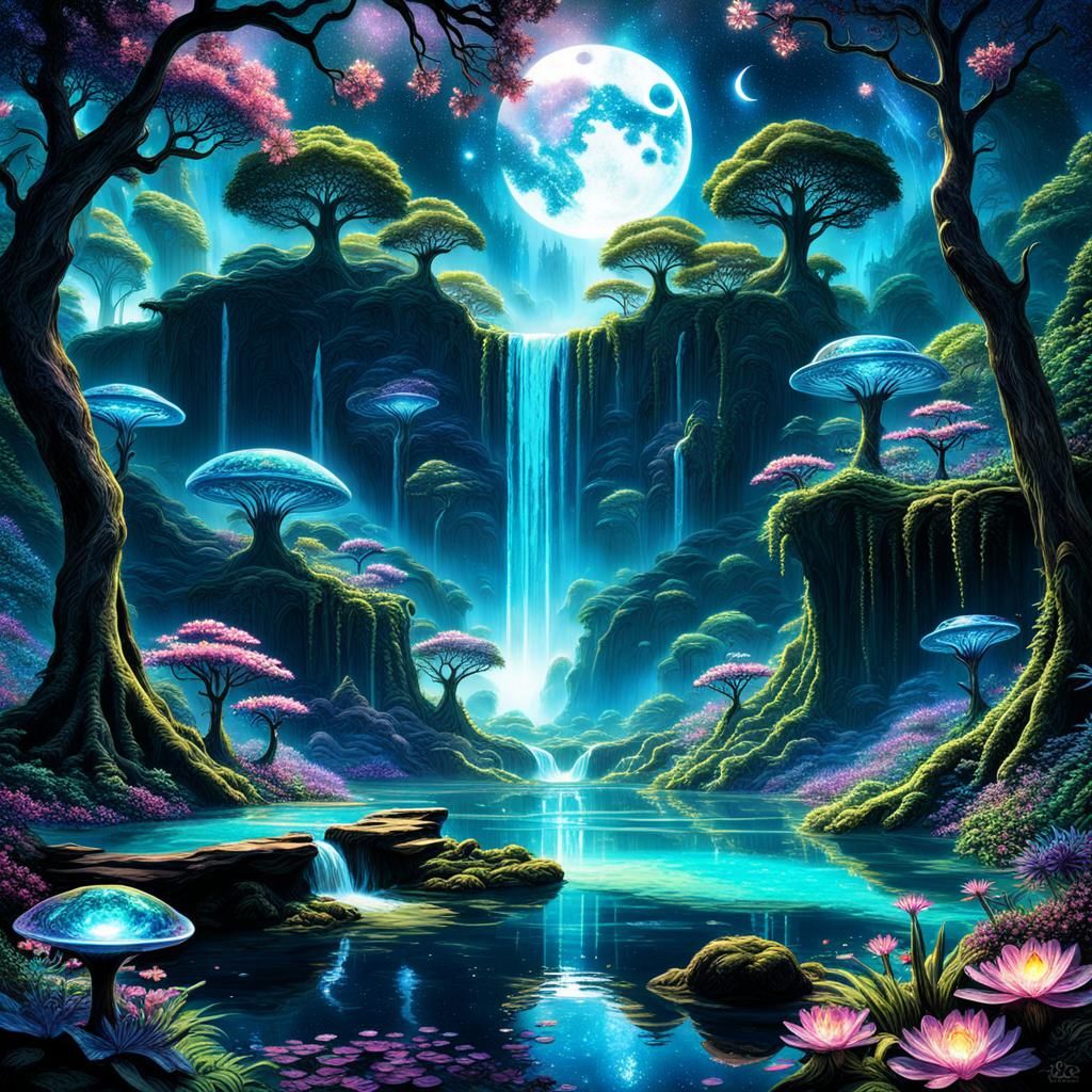 Moonlit Alien Forest with Bioluminescent Waterfall