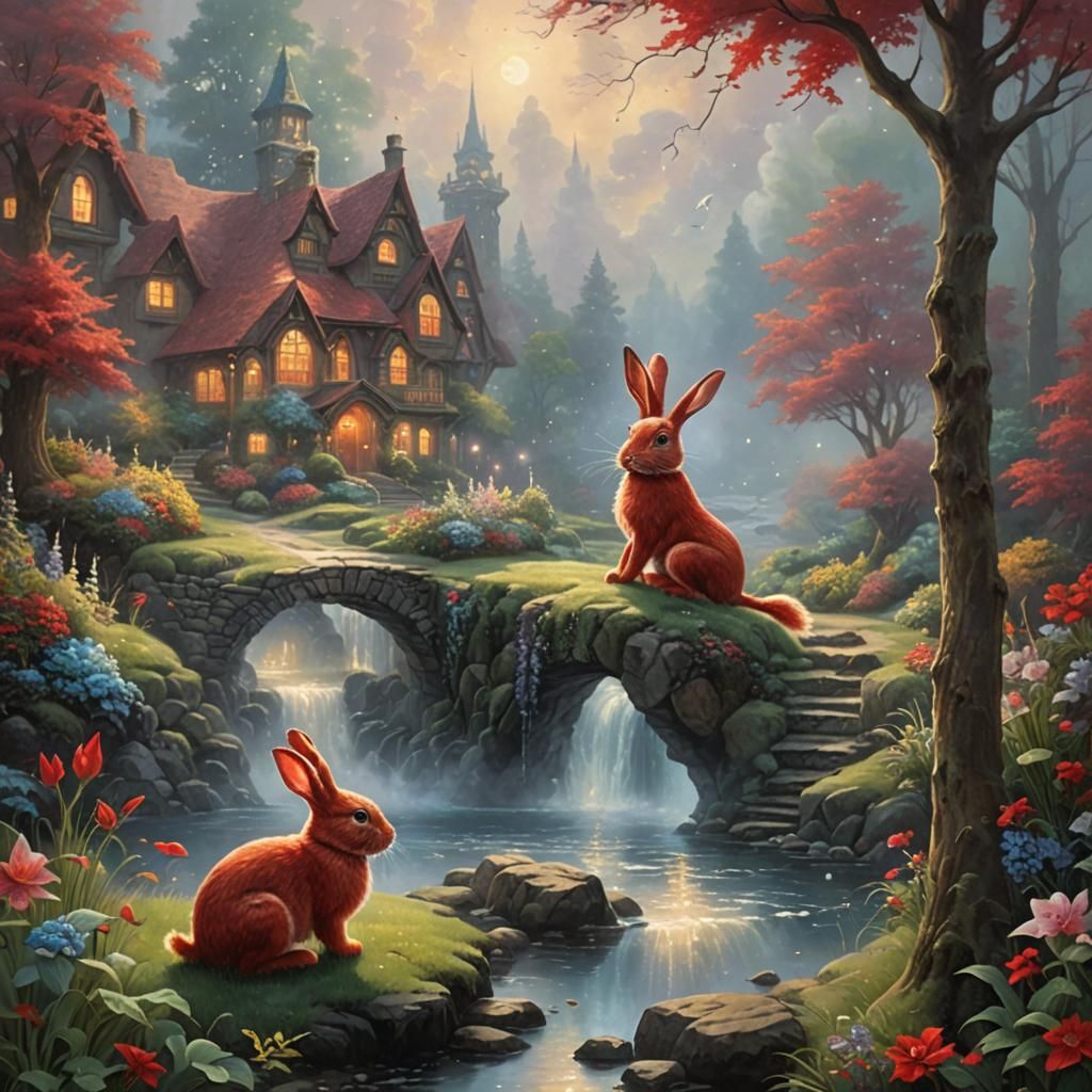 Ethereal Red Bunny in Dreamlike Thomas Kinkade Style