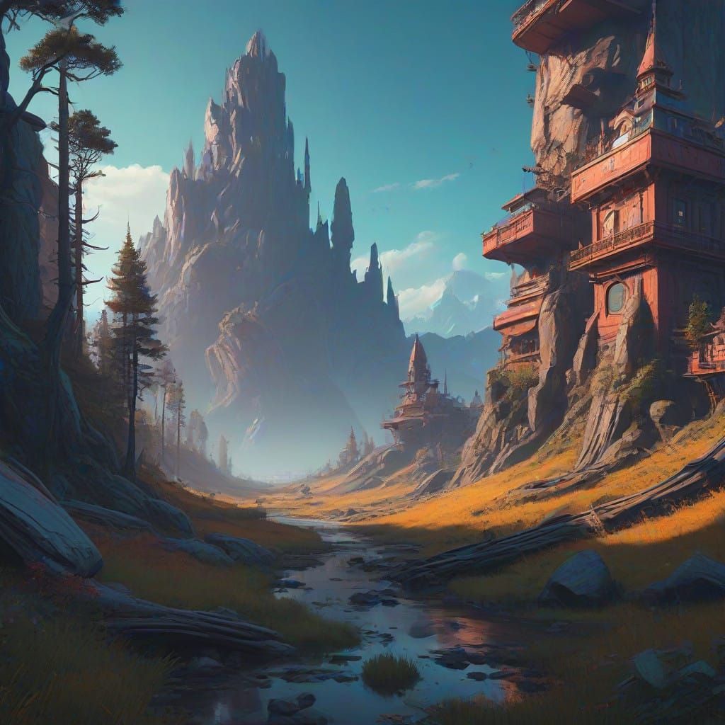 Ethereal Futuristic Landscape in Vibrant Turquoise and Amber