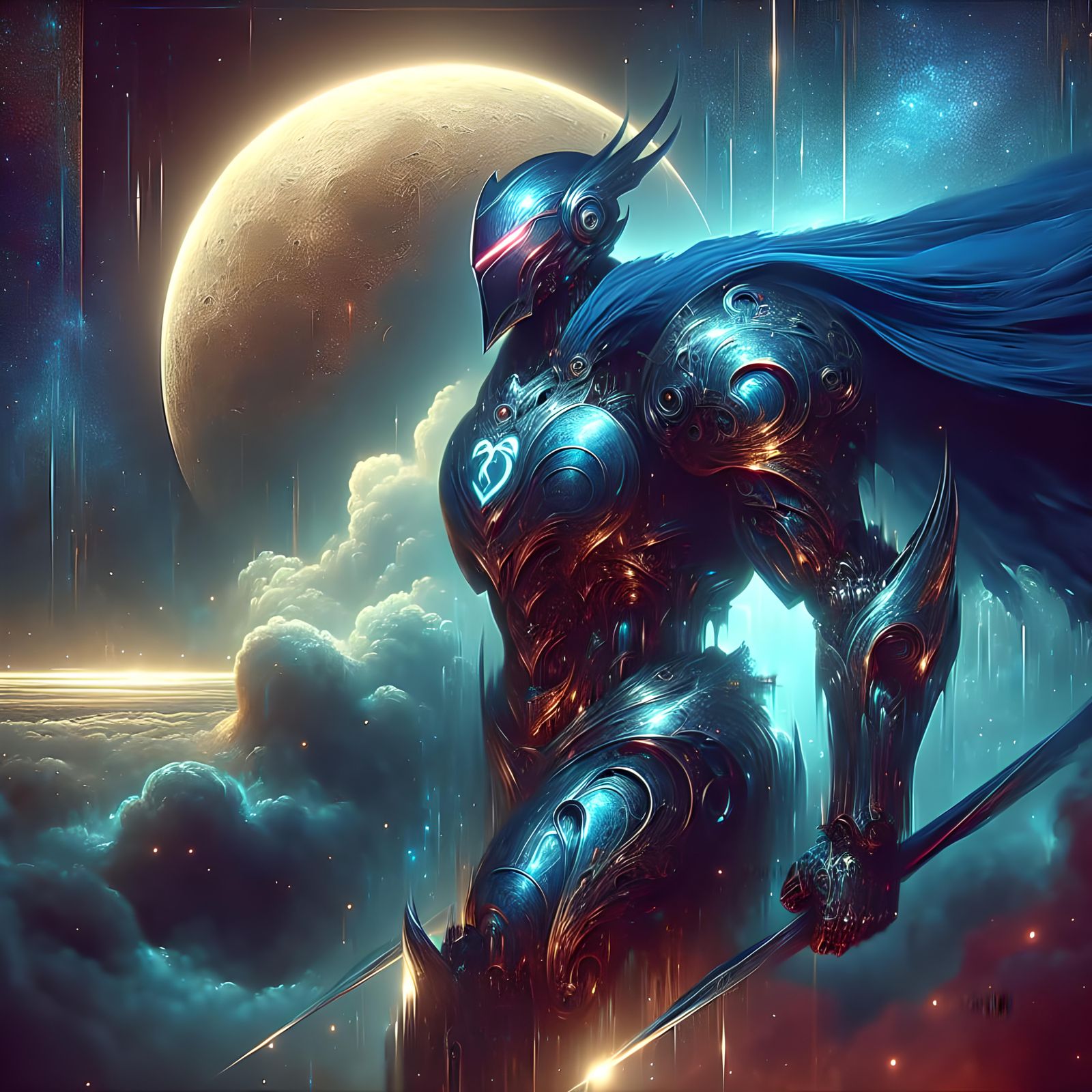 Futuristic Knight Soaring Under the Moon in Art Nouveau Styl...