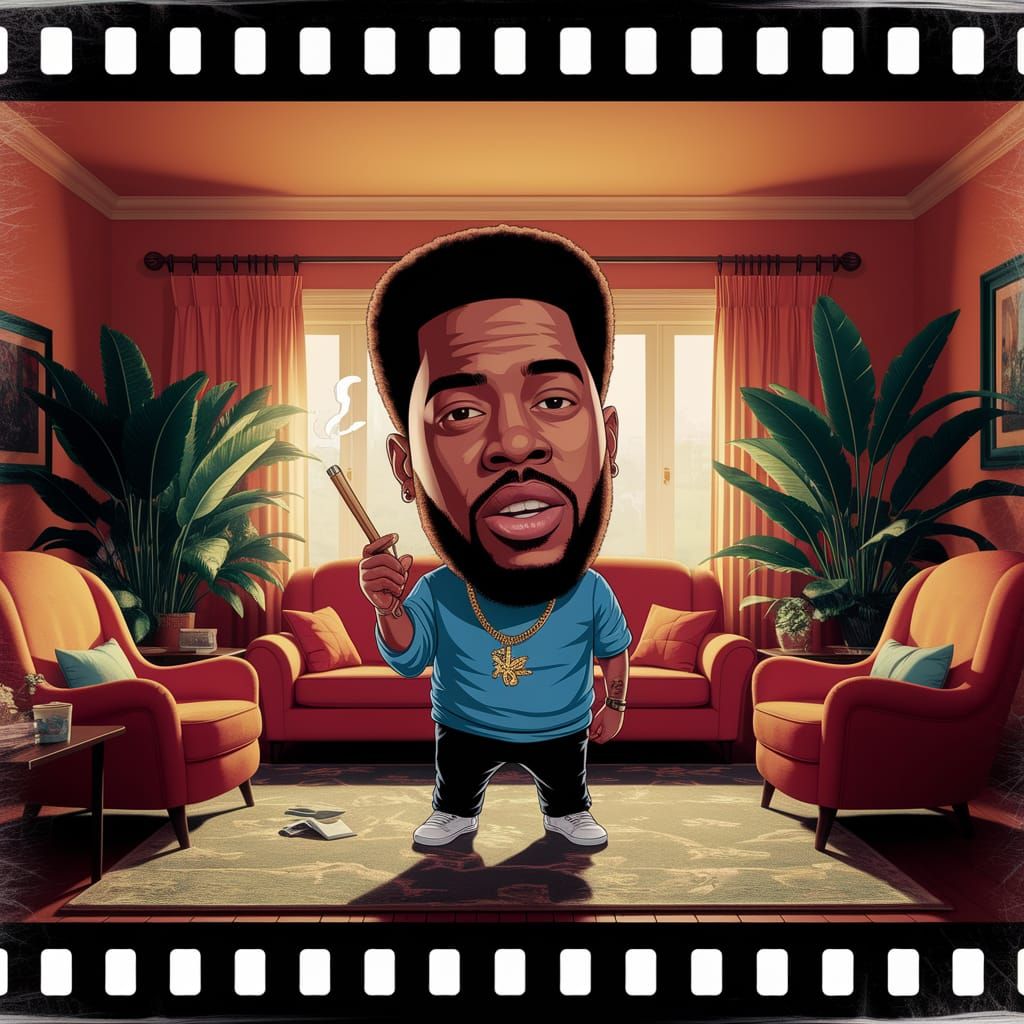 Cartoon Rapper in Retro Room: A Cinematic Still