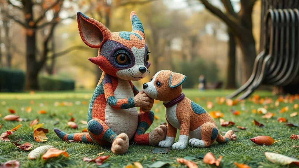 Cute Plushie Creature with Puppy, Batik Patchwork Style