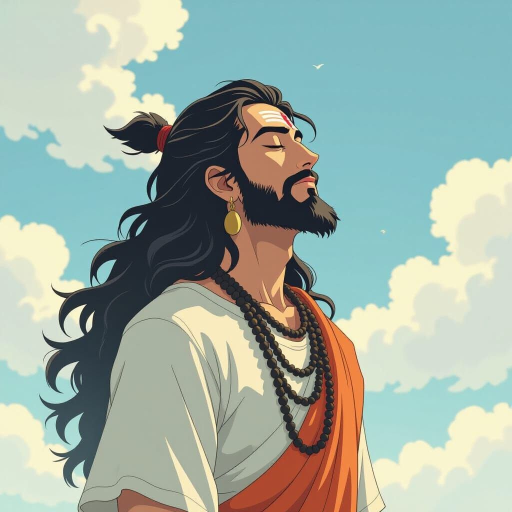 Lord Shiva in Ghibli-Style Lighting Contemplates the Sky