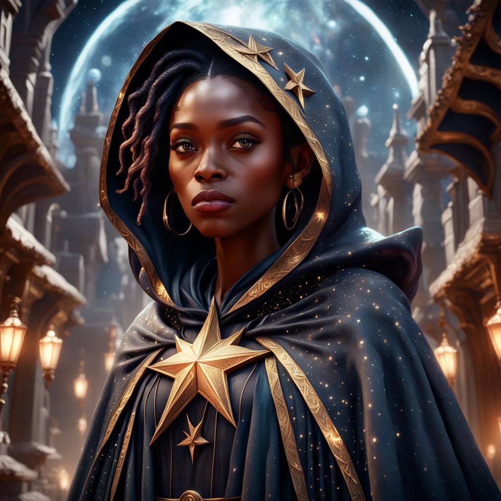 Black Teenage Girl in Star Cloak: Detailed Fantasy Art