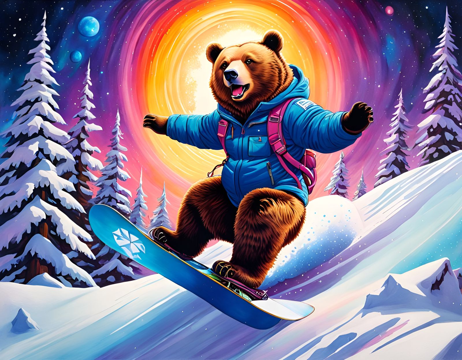 Chubby Bear Snowboarding in Gouache Style
