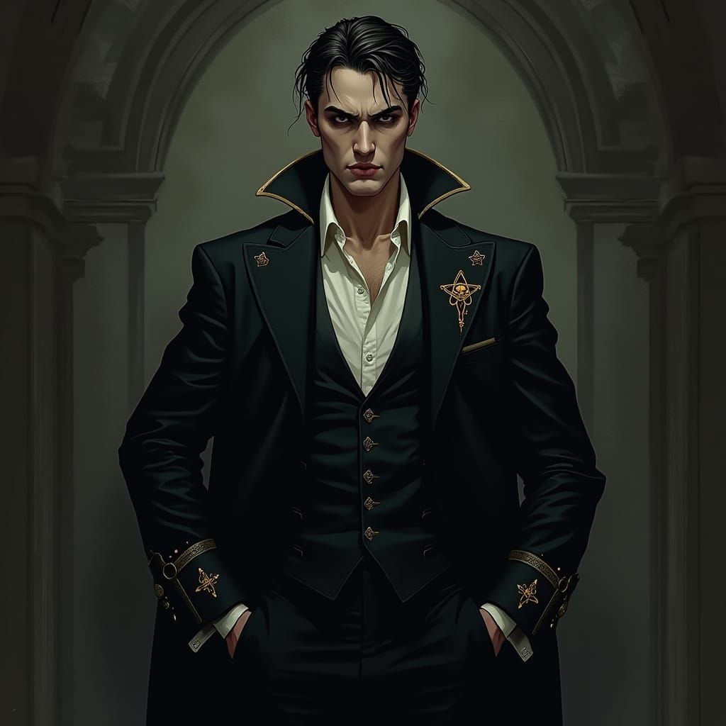 Vampire in Black Suit with Occult Symbols