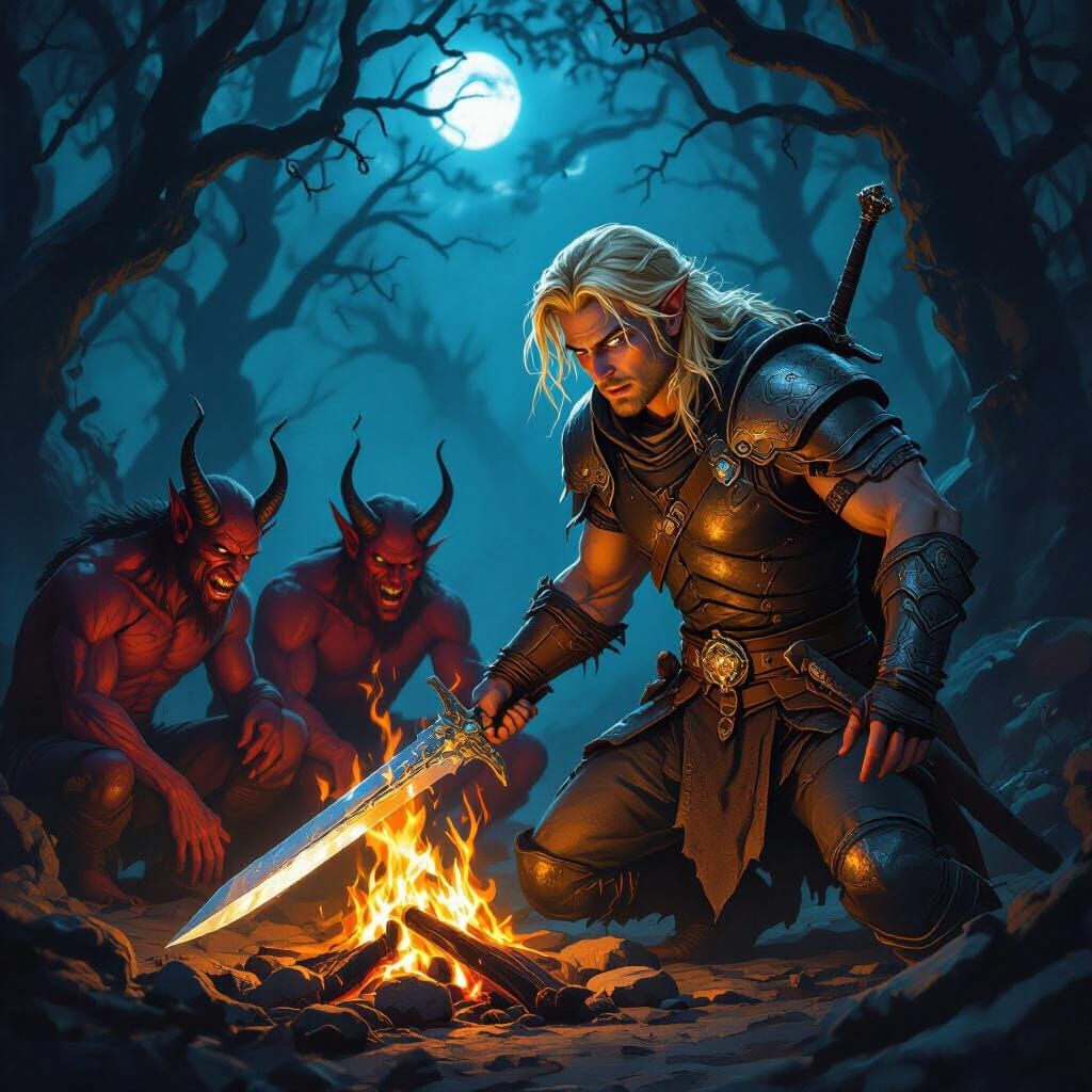 Hero Battles Devils in Dark Forest Concept Art