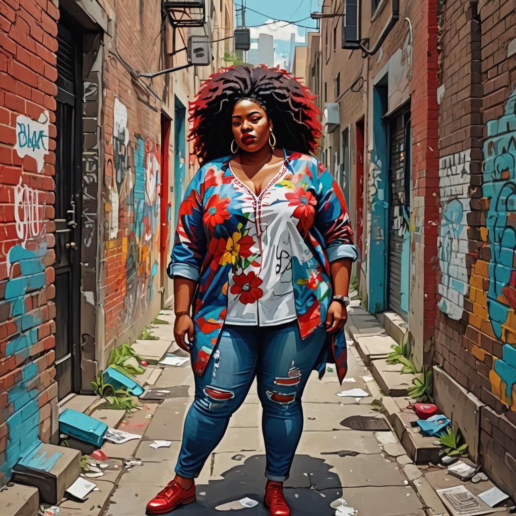 Curvy Woman in Urban Alleyway, Fauvist Expressionism