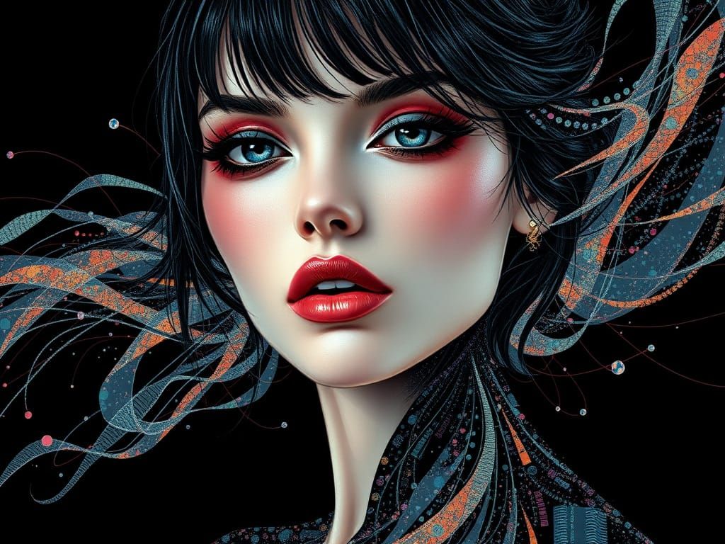 Cyberpunk Woman Portrait with Flowing Textures and Pointilli...