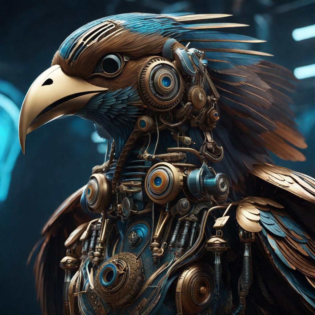 Biomechanical Bird Humanoid with Analog Stereo Equipment
