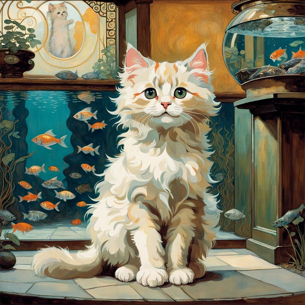 Kitten Gazing at Fish Tank in Art Nouveau Style