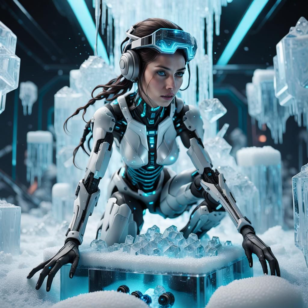 Gaming Woman on Ice in Futuristic 3D Render