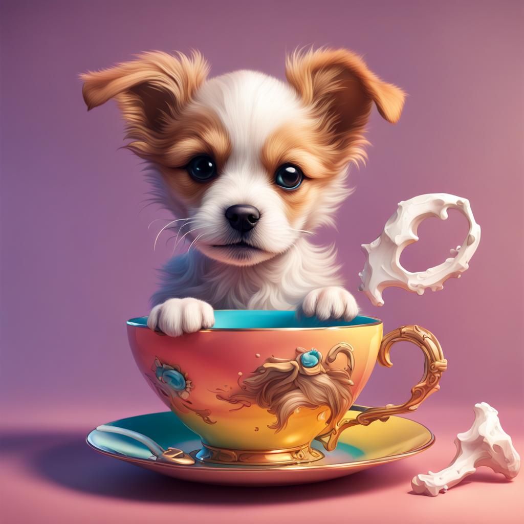 Adorable Puppy with Bone and Teacup: Hyperrealistic Art