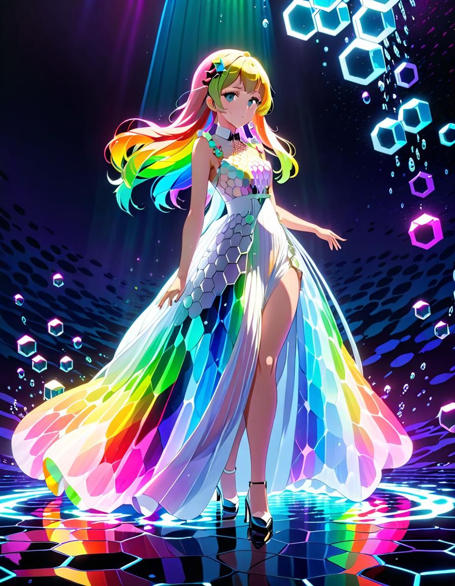 Neon Rainbow Figure in Flowing Dress