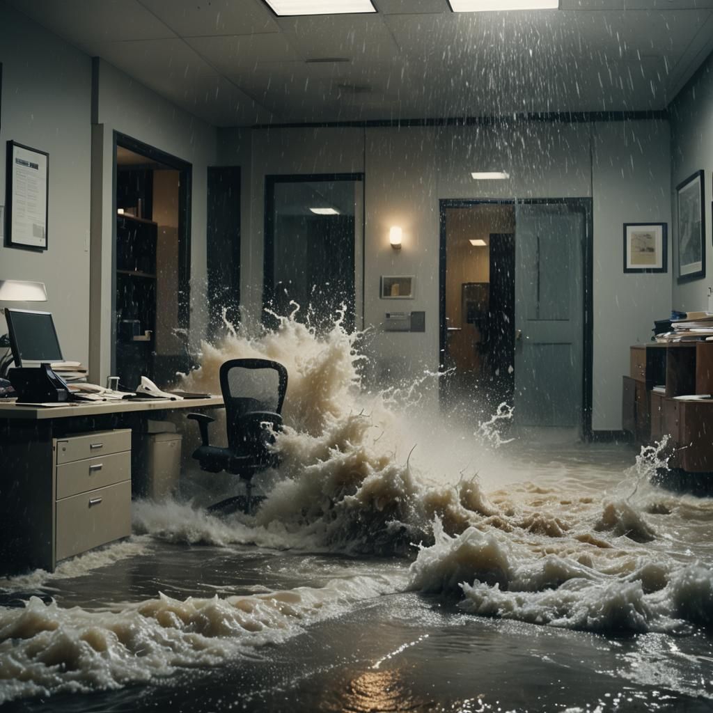 Cinematic Floodwaters Crash Through Office Door