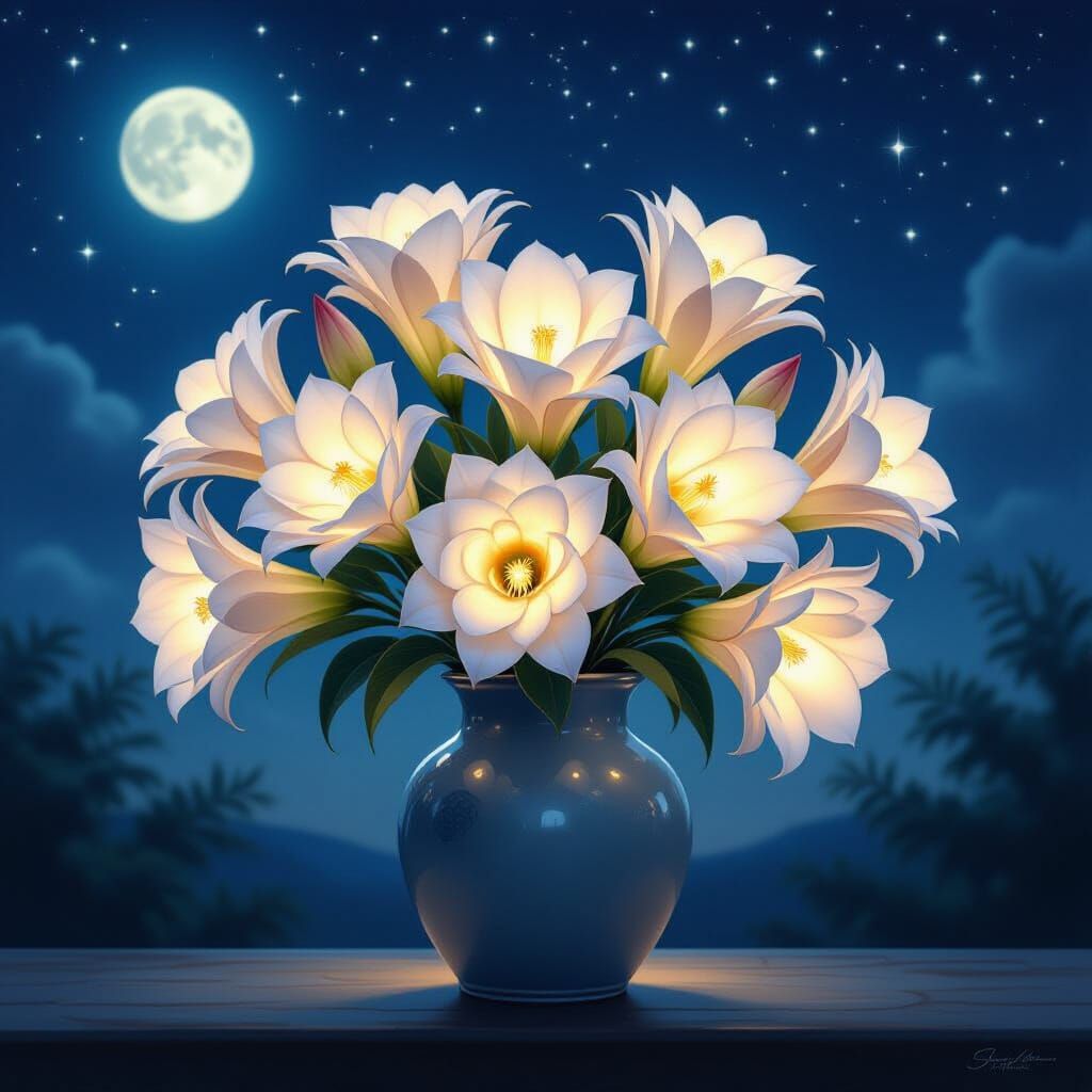 Luminous Night Bloomers in Starry Sky