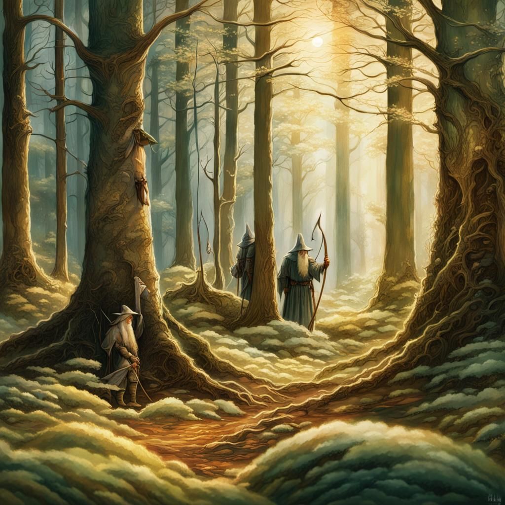 Gandalf and Elf Archer in Moonlit Forest