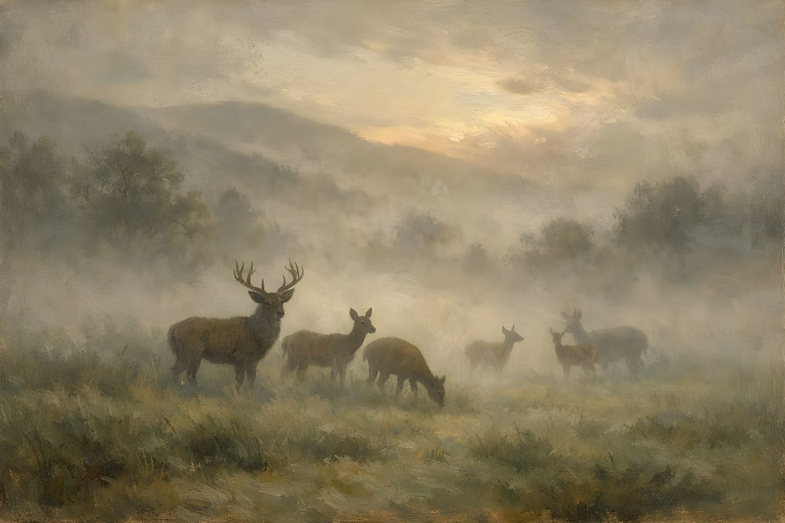 Realistic Oil Painting of Foggy Foothills with Deer at Dawn