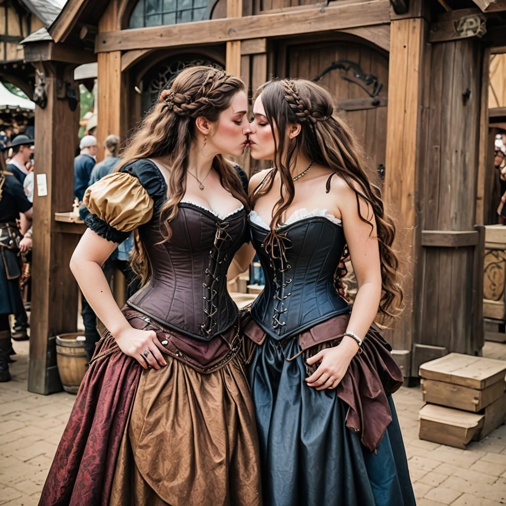 Renaissance Faire: Two Kissing Maidens in Corsets
