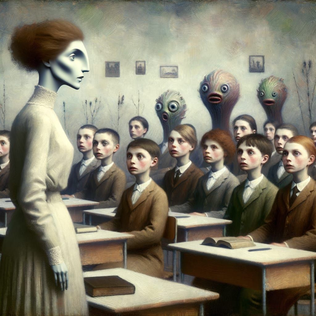Whimsical Teacher in Surreal Classroom