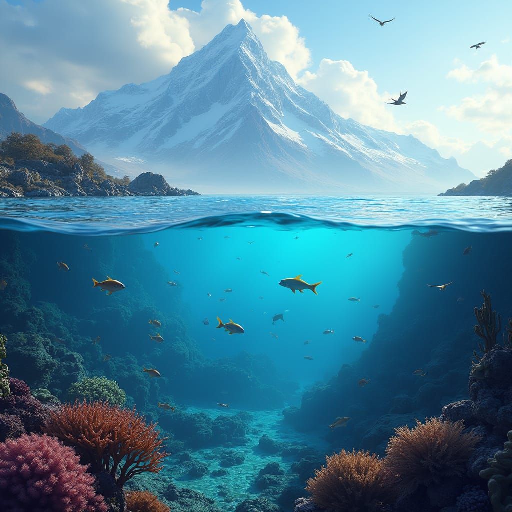Hyper-Realistic Ocean Scene with Fish, Coral, and Birds