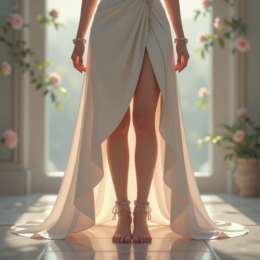 Anime Girl in Flowing Dress with Ankles Tied