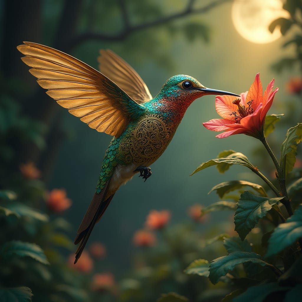 A steampunk hummingbird with intricate clockwork wings sips ...