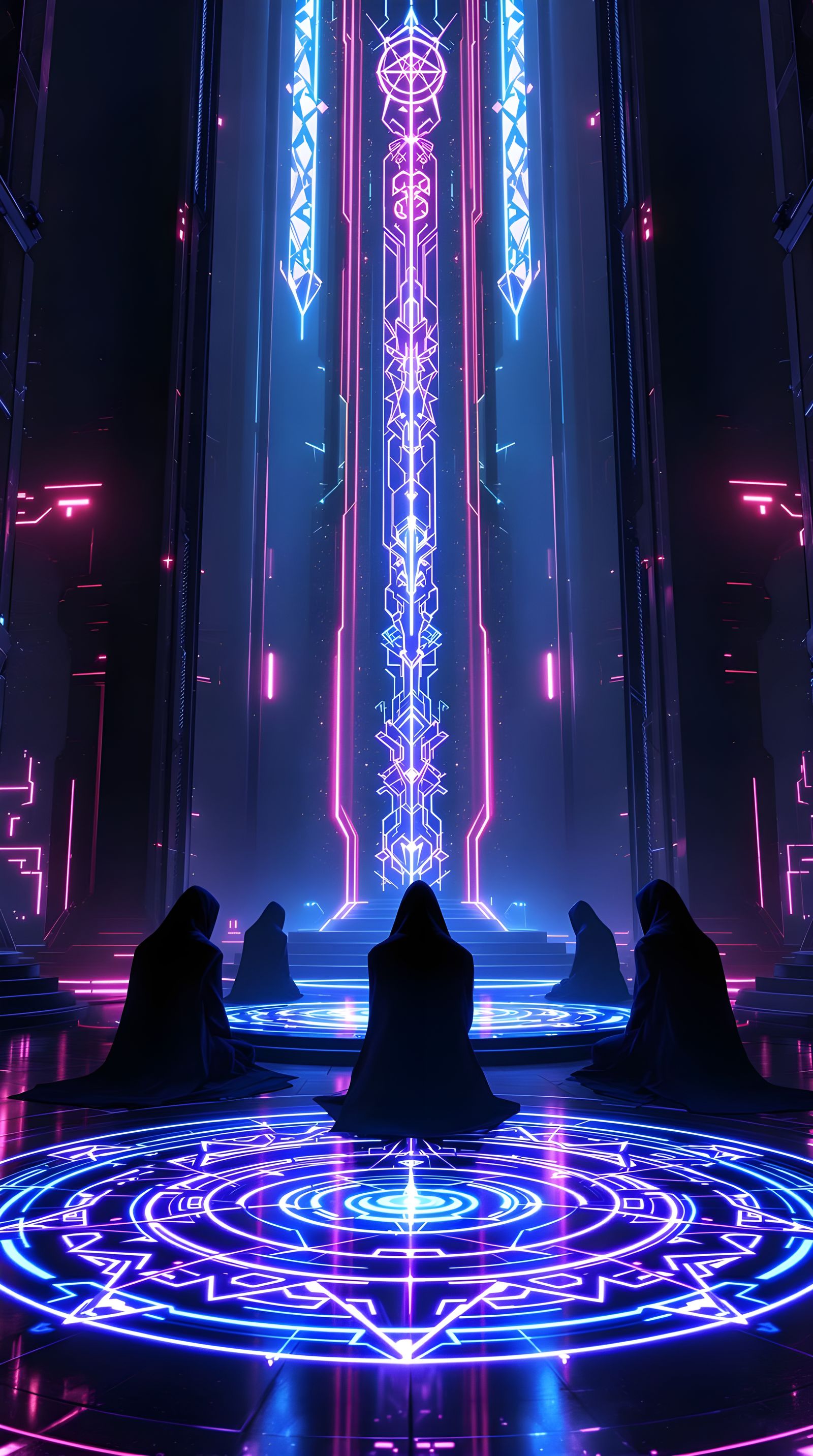 Futuristic Occult Ritual in Neon Cathedral