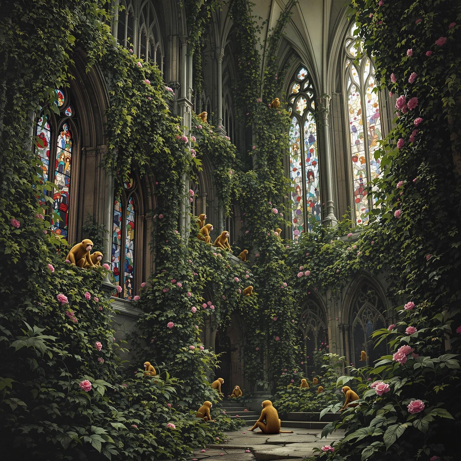 Gothic Cathedral Overrun by Monkeys and Nature
