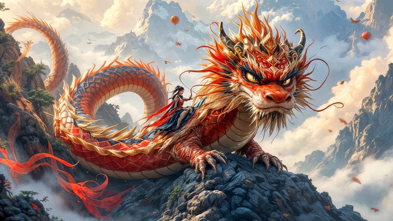 Fantasy Chinese Serpent and Rider in Ancient Mountain Realm