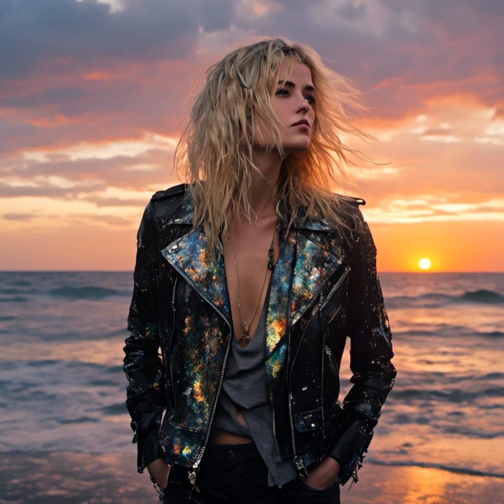Blond Woman in Iridescent Jacket at Sunset
