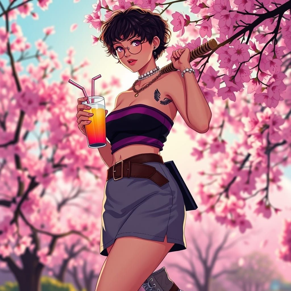 Emo Girl in Vibrant Sakura Landscape