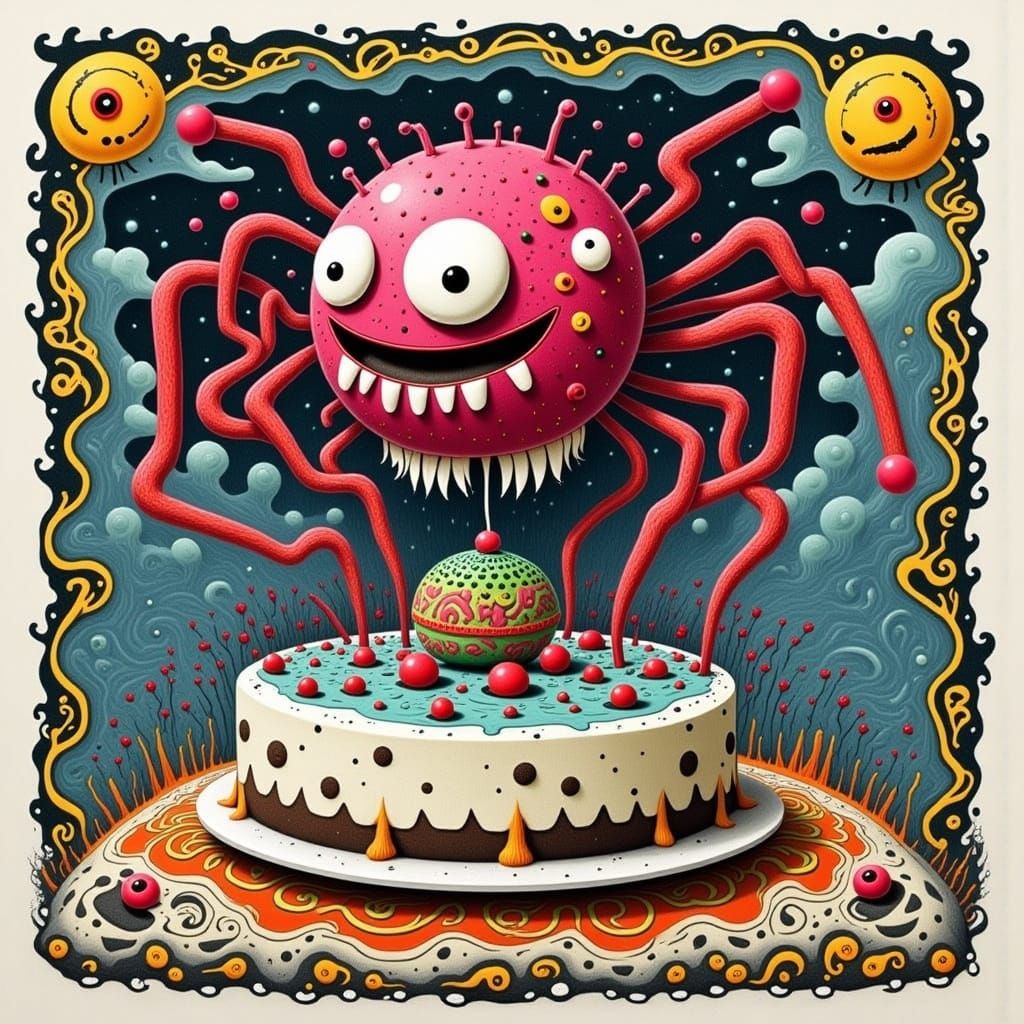 Whimsical Cake-Monster in Cyberpunk Graffiti Style