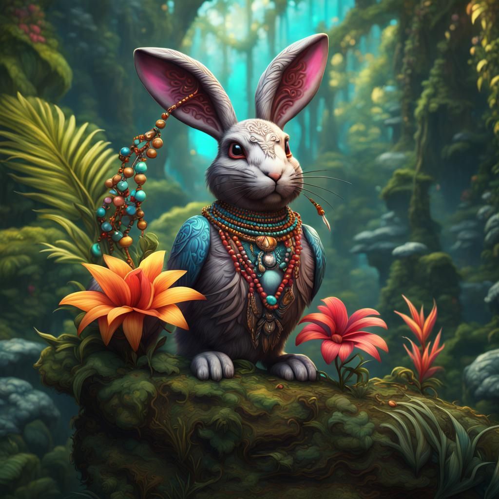 Bunny Love Bird in Jungle, Detailed Matte Painting