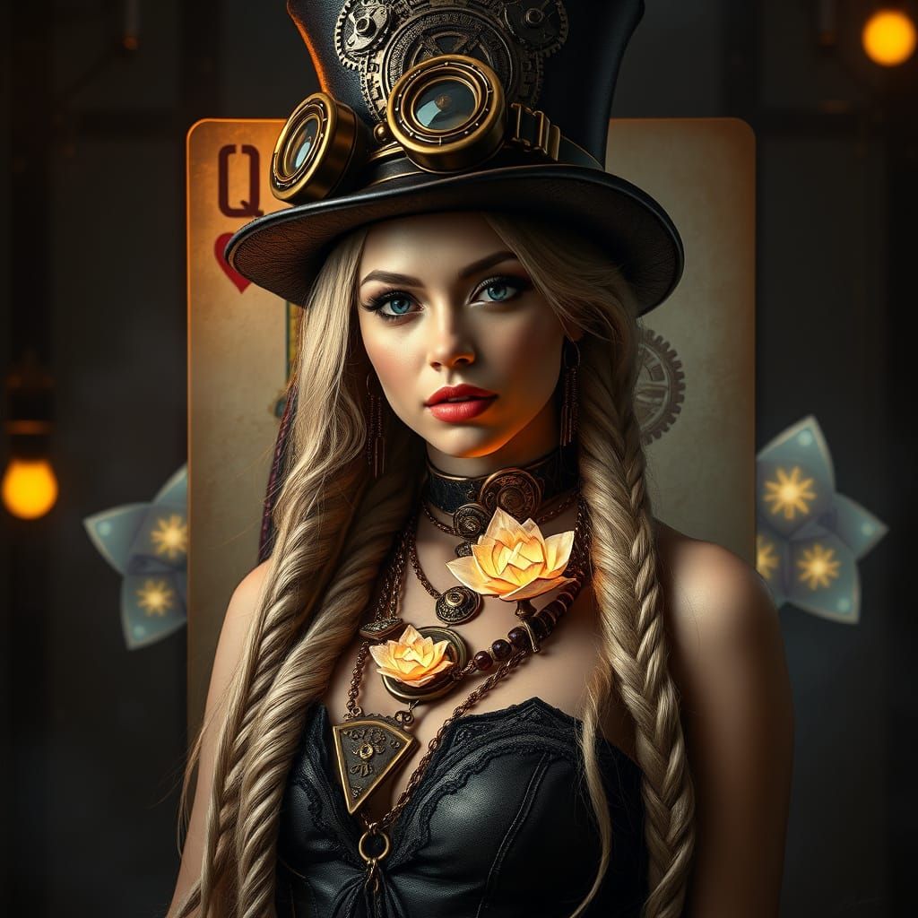 Steampunk Beauty with Cogwheel Card in Hyperrealistic Detail