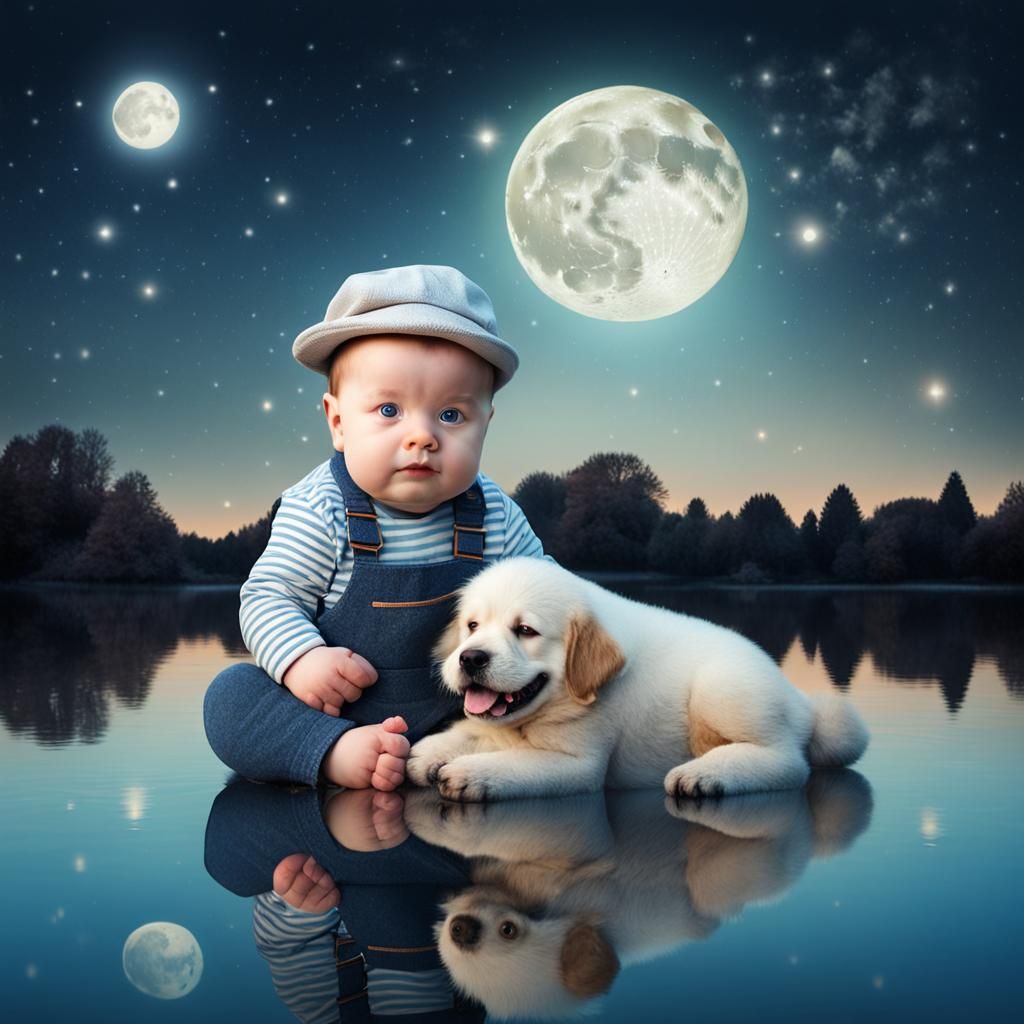 Magical Baby Cuddles Surreal Dog by Moonlit Lake