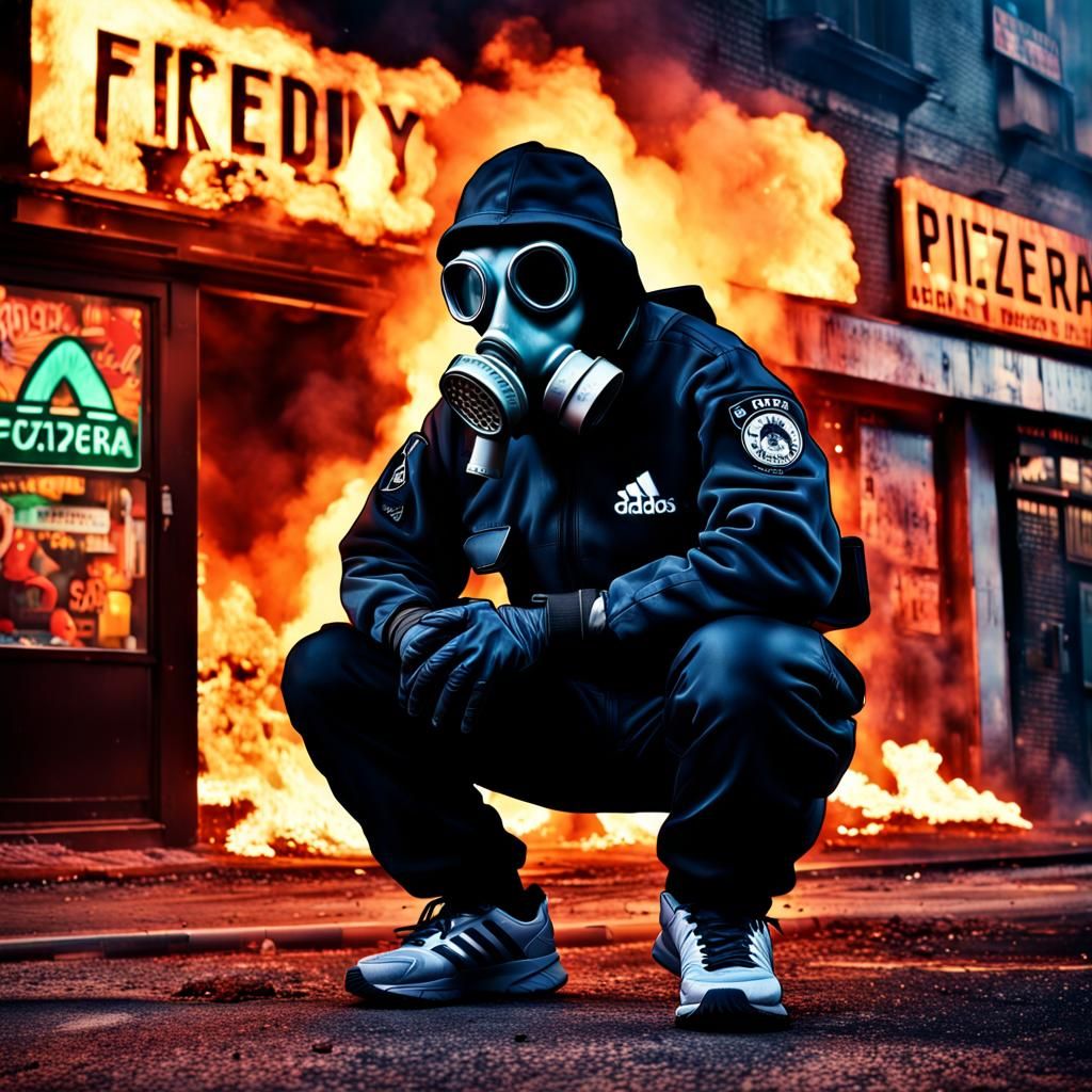 Soldier at Burning Pizzeria: Hyperrealistic Digital Painting