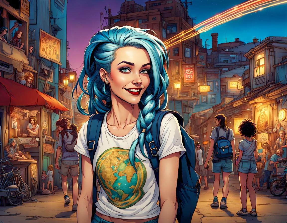 Wasteland Woman with Blue Hair in Comic Book Style