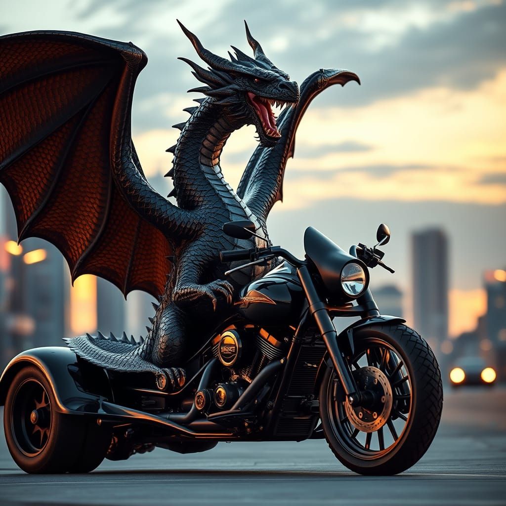 Hyper-Realistic Dragon on Chrome Trike at Sunset
