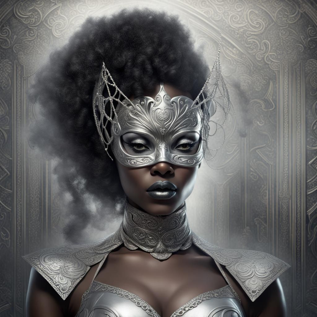 Black Woman in Silver Mask: Hyperrealistic Portrait