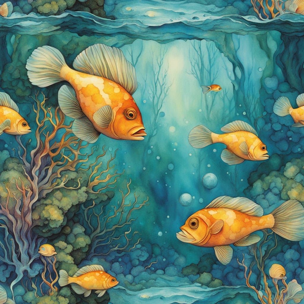 "A large Blowfish that is plump, wide-eyed with all of its spines puffed out" "Electric eels with iridescent skins wind ...