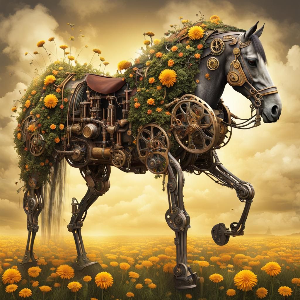 Steampunk Horse with Elongated Legs in Flower Field
