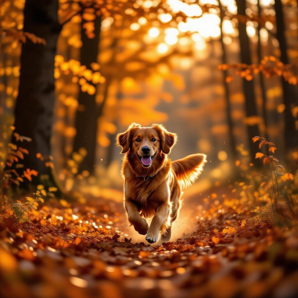 Red Irish Setter Runs Through Autumn Forest